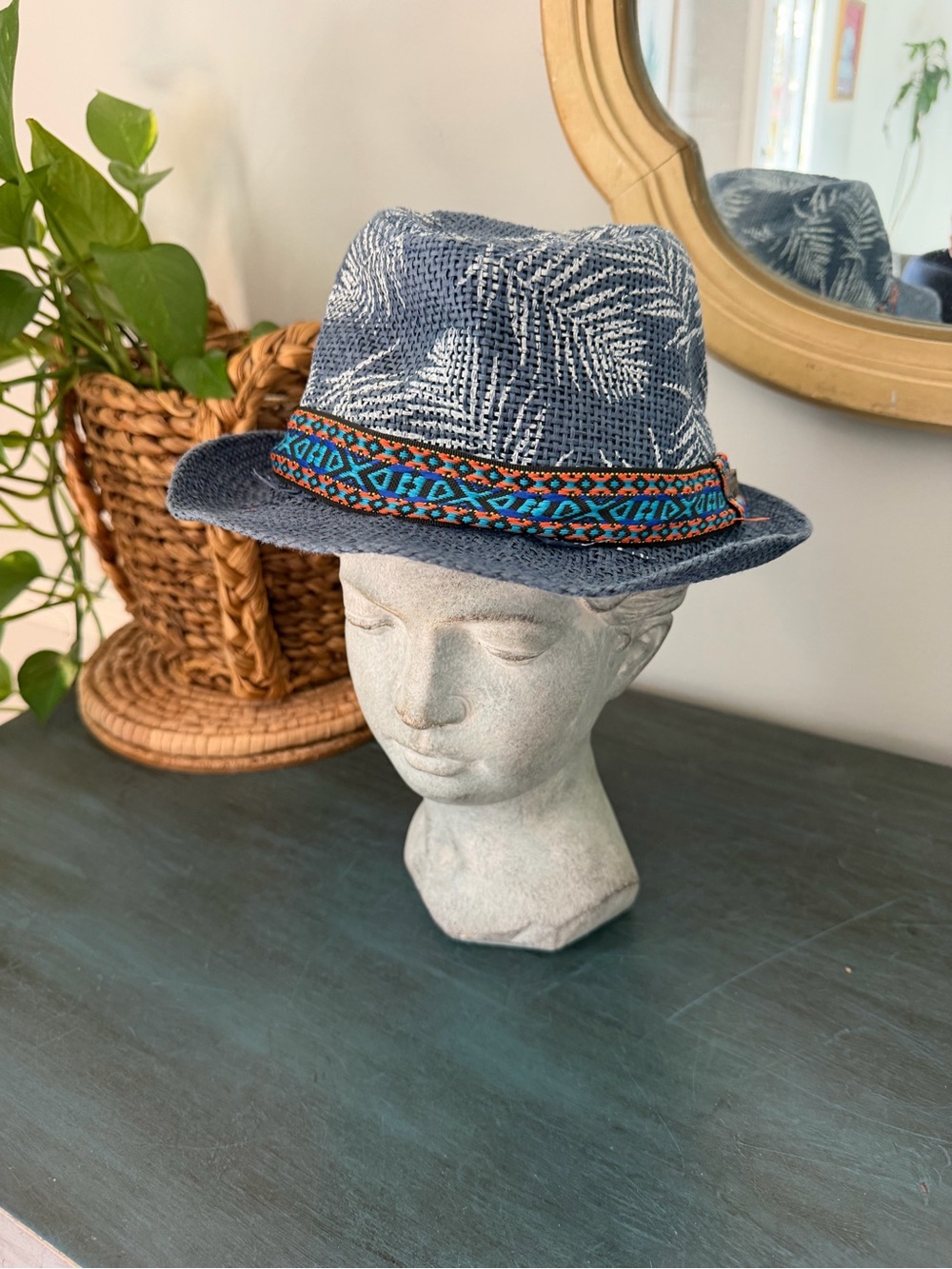LUCKY 7 blue woven straw fedora hat white leaf pattern and colorful geometric